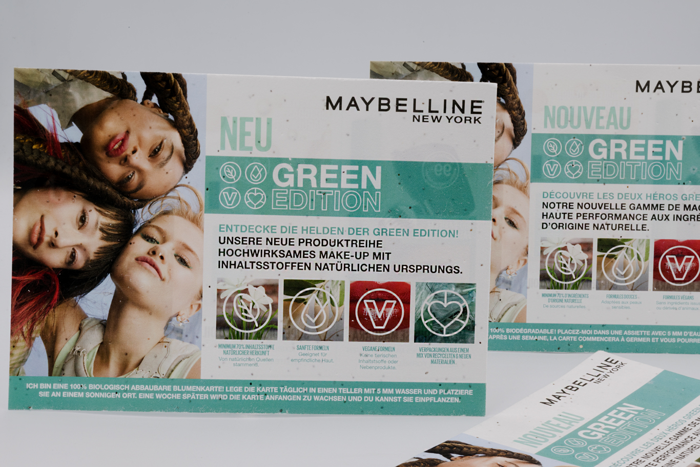 Flyer A5 plantable de Maybelline para su nueva línea vegana en papel con semillas.