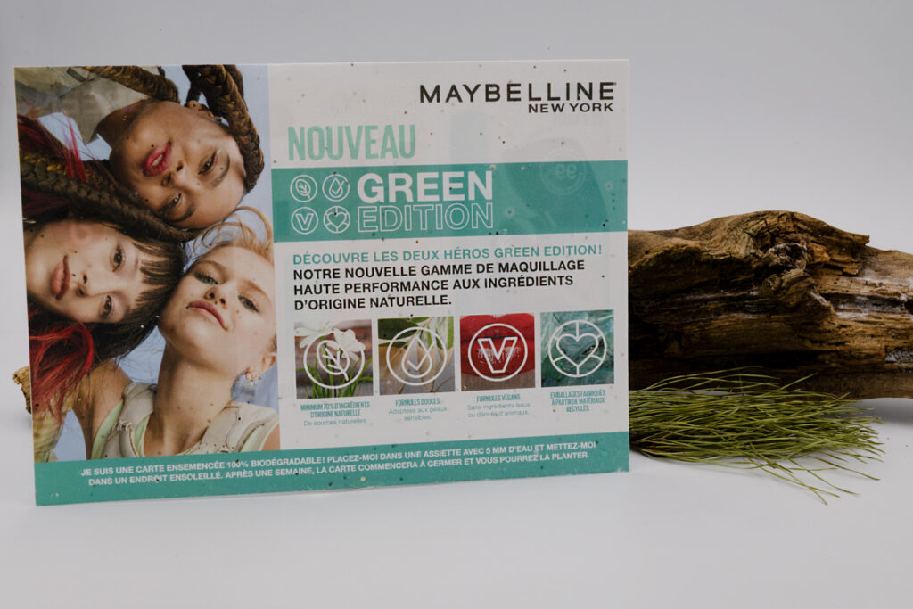 Maybelline saca su nueva línea vegana y utiliza un A5 en papel con semillas para promocionarlo.