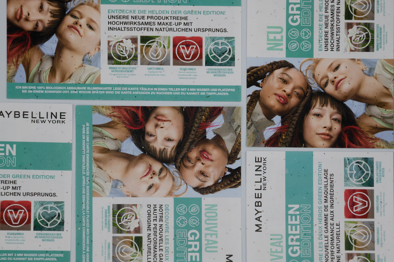 Collage de flyer A5 plantable en papel con semillas Maybelline nueva línea vegana